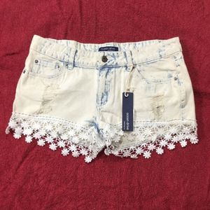 Ocean Drive Acid Wash Lace Trim Boho Denim Shorts